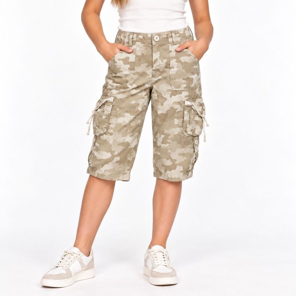 Cherokee Girls Y2K Camo Cargo Capri Pants Beige Size 14/16 100% Cotton